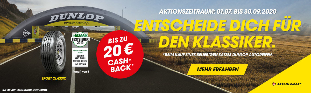 Dunlop Cashback Bis zu 20 Euro Cashback beim Kauf von Dunlop Reifen